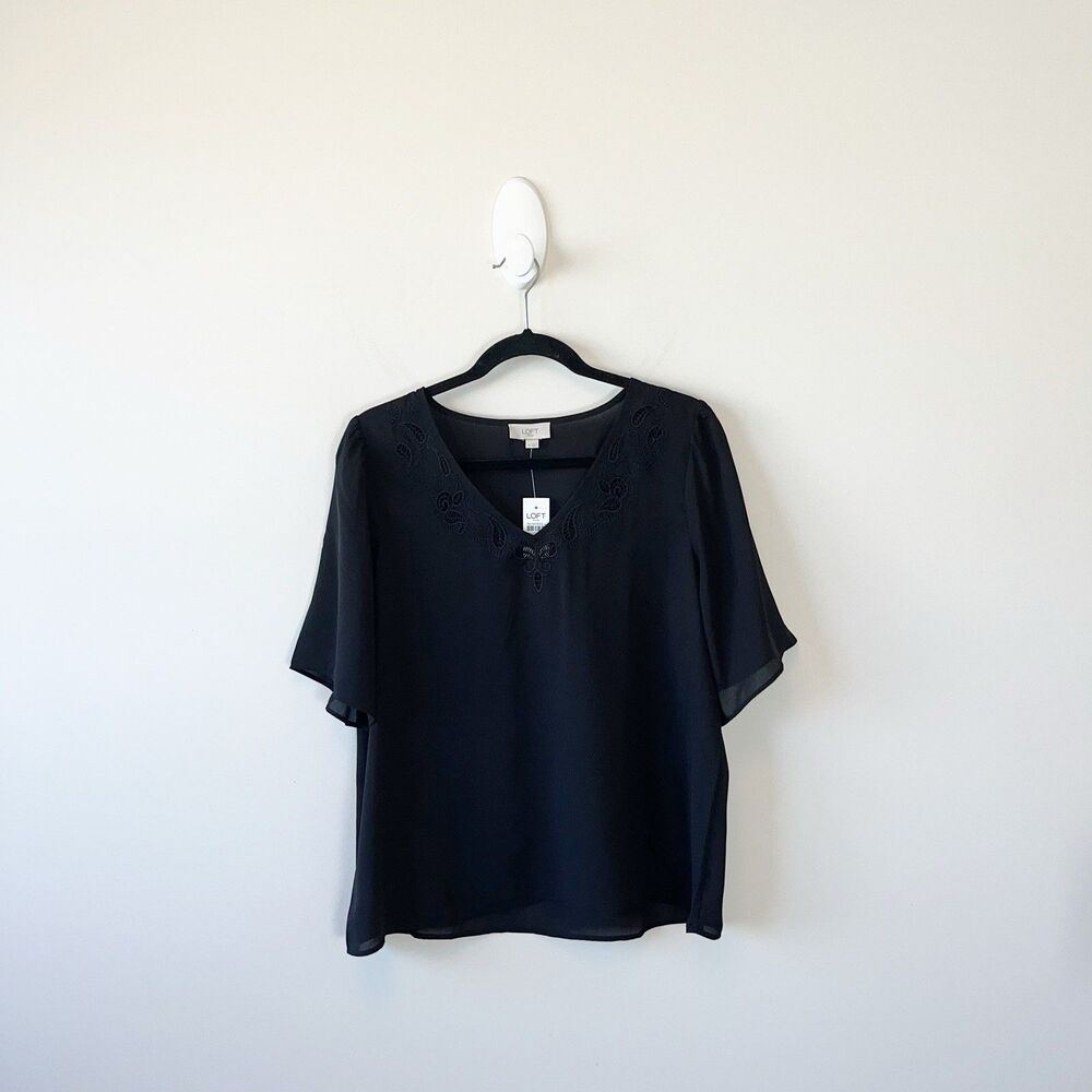 Loft Outlet Black Crochet Embroidered Neck Trim Semi Sheer Blouse Medium NWT's